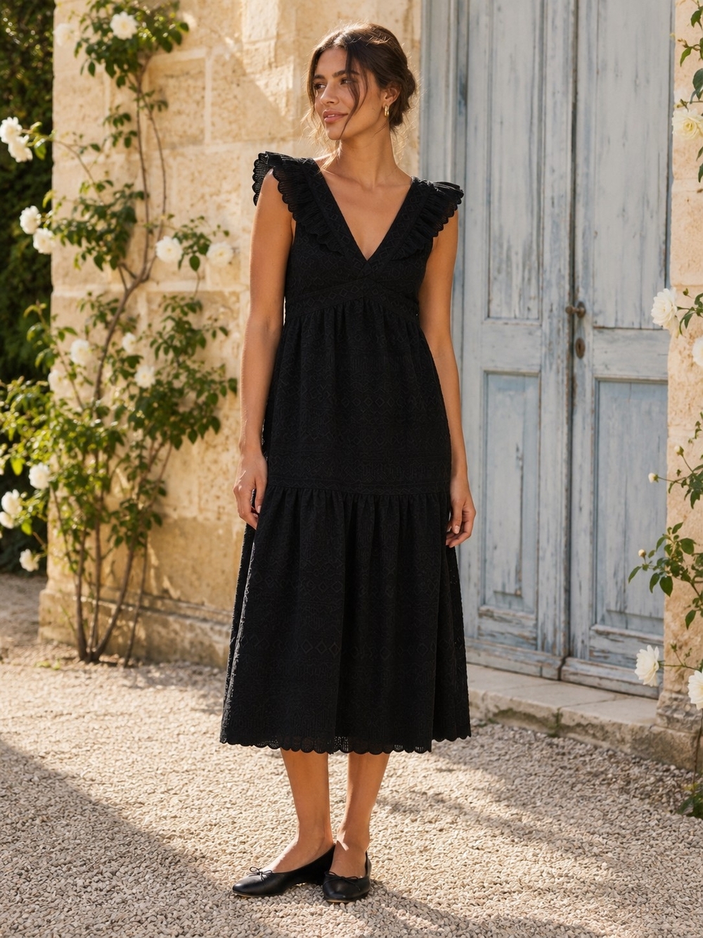 Sézane Magalie Black Embroidered Midi Dress EU 38 US 6 Open Back